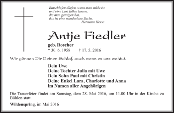 Traueranzeige von Antje Fiedler von Südthüringer Presse