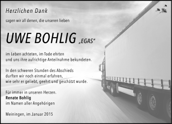 Traueranzeige von Uwe Bohlig von Südthüringer Presse