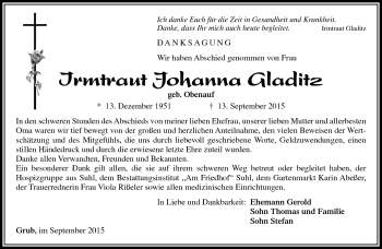 Traueranzeige von Irmtraud Johanna Gladitz von Südthüringer Presse