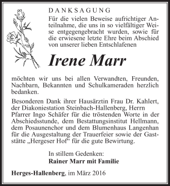 Traueranzeige von Irene Marr von Südthüringer Presse