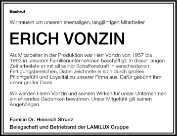 Traueranzeige von Erich Vonzin von Frankenpost