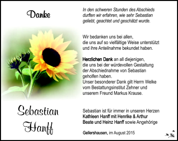 Traueranzeige von Sebastian Hanff von Südthüringer Presse