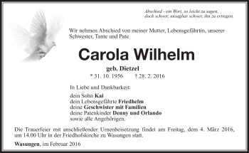Traueranzeige von Carola Wilhelm von Südthüringer Presse