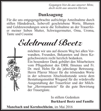 Traueranzeige von Edeltraud Beetz von Südthüringer Presse