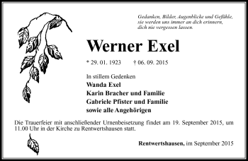 Traueranzeige von Werner Exel von Südthüringer Presse