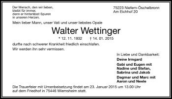 Traueranzeige von Walter Wettinger von Frankenpost
