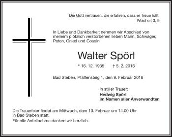 Traueranzeige von Walter Spörl von Frankenpost