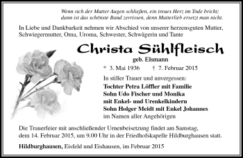 Traueranzeige von Christa Sühlfleisch von Südthüringer Presse