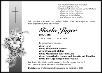 Traueranzeige von Gisela Jäger von Südthüringer Presse