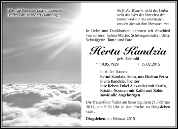 Traueranzeige von Herta Kandzia von Südthüringer Presse