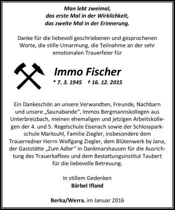 Traueranzeige von Immo Fischer von Südthüringer Presse