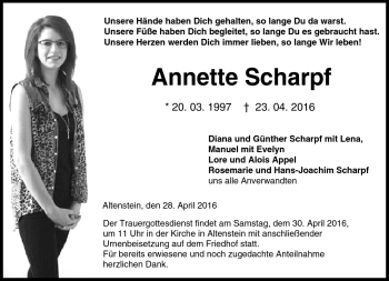 Traueranzeige von Annette Scharpf von Neue Presse Coburg