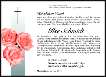 Traueranzeige von Ilse Schmidt von Südthüringer Presse