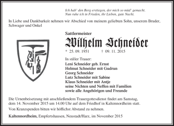 Traueranzeige von Wilhelm Schneider von Südthüringer Presse