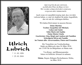 Traueranzeige von Ulrich Lubrich von Südthüringer Presse