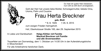 Traueranzeige von Herta Breckner von Frankenpost