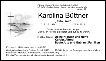 Traueranzeige von Karolina Büttner von Neue Presse Coburg