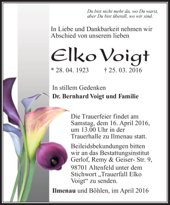 Traueranzeige von Elko Voigt von Südthüringer Presse