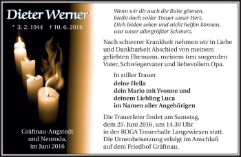 Traueranzeige von Dieter Werner von Südthüringer Presse