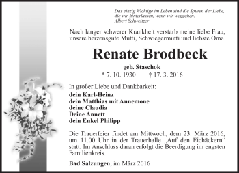 Traueranzeige von Renate Brodbeck von Südthüringer Presse