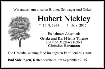 Traueranzeige von Hubert Nickley von Südthüringer Presse