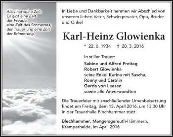 Traueranzeige von Karl-Heinz Glowienka von Südthüringer Presse