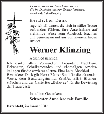 Traueranzeige von Werner Klinzing von Südthüringer Presse