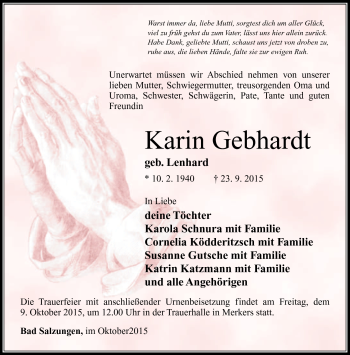 Traueranzeige von Karin Gebhardt von Südthüringer Presse