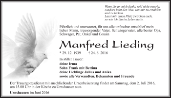 Traueranzeige von Manfred Lieding von Südthüringer Presse
