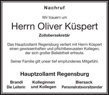 Traueranzeige von Oliver Küspert von Frankenpost