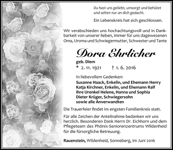 Traueranzeige von Dora Ehrlicher von Südthüringer Presse