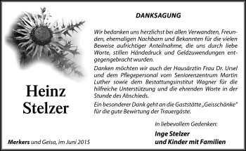 Traueranzeige von Heinz Stelzer von Südthüringer Presse