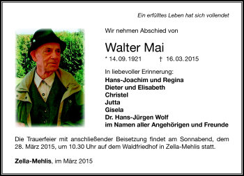 Traueranzeige von Walter Mai von Südthüringer Presse