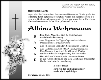 Traueranzeige von Albina Wehrmann von Südthüringer Presse