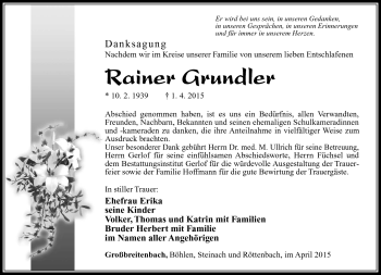 Traueranzeige von Rainer Grundler von Südthüringer Presse