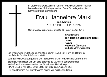 Traueranzeige von Hannelore Markl von Frankenpost