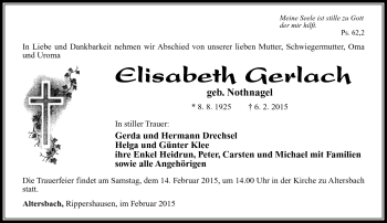 Traueranzeige von Elisabeth Gerlach von Südthüringer Presse