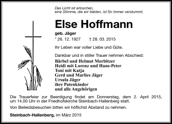 Traueranzeige von Else Hoffmann von Südthüringer Presse