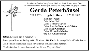 Traueranzeige von Gerda Peterhänsel von Neue Presse Coburg