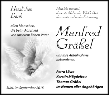 Traueranzeige von Manfred Gräßel von Südthüringer Presse