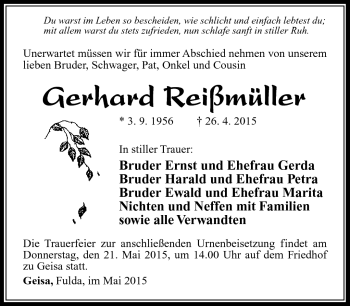 Traueranzeige von Gerhard Reißmüller von Südthüringer Presse