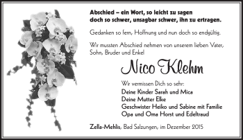 Traueranzeige von Nico Klehm von Südthüringer Presse