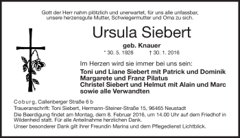 Traueranzeige von Ursula Siebert von Neue Presse Coburg