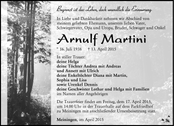 Traueranzeige von Arnulf Martini von Südthüringer Presse