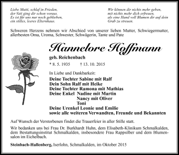 Traueranzeige von Hannelore Hoffmann von Südthüringer Presse