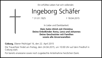 Traueranzeige von Ingeborg Schäfer von Neue Presse Coburg