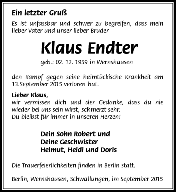 Traueranzeige von Klaus Endter von Südthüringer Presse