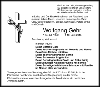 Traueranzeige von Wolfgang Gehr von Frankenpost