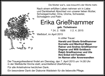 Traueranzeige von Erika Grießhammer von Frankenpost