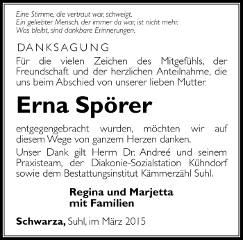 Traueranzeige von Erna Spörer von Südthüringer Presse